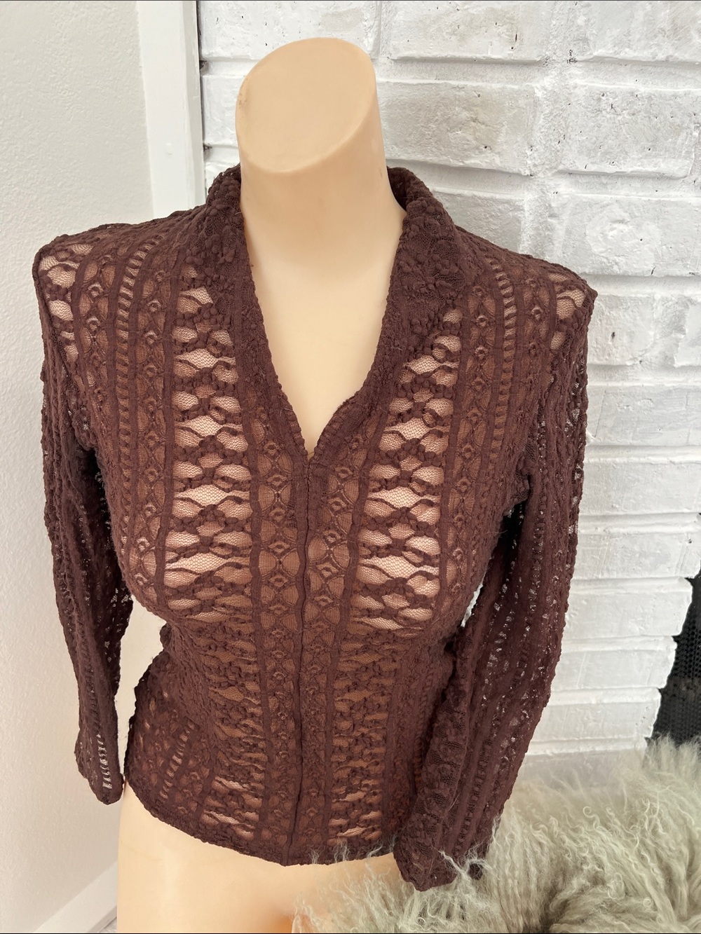 Etcetera Chocolate Brown Crochet Lace V-Neck Blouse